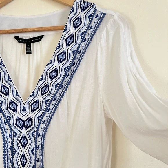 4/$25 WHBM Women Tunic‎ Shirt sz 6 White Blue Embroidery Argyle Fair Isle Casual - Picture 9 of 15